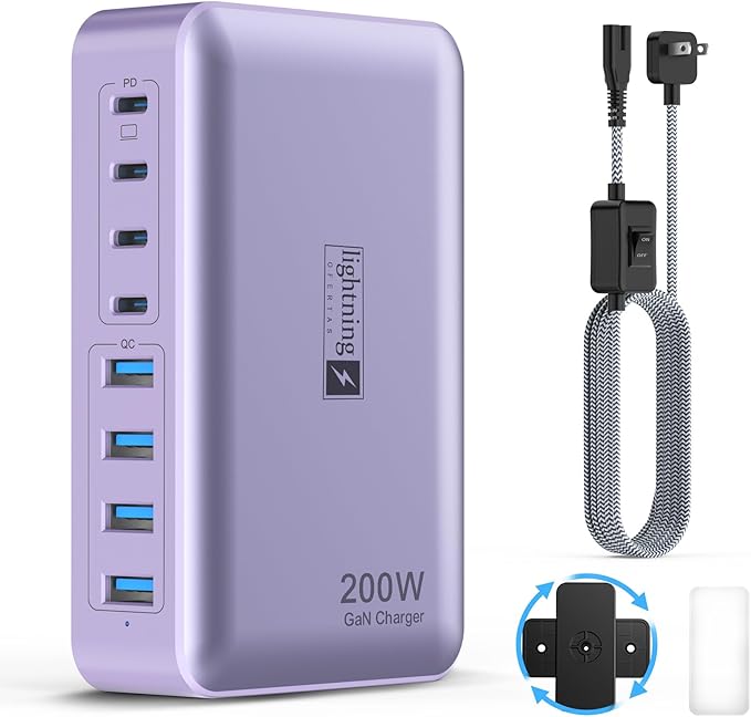 8-Port Type C Fast Charger Block 200W with Flat Plug, Braided Power Cord, and On/Off Switch- USB Charging Hub for iPhone, iPad, MacBook and More- 65W C Port Power Adapter for Laptops