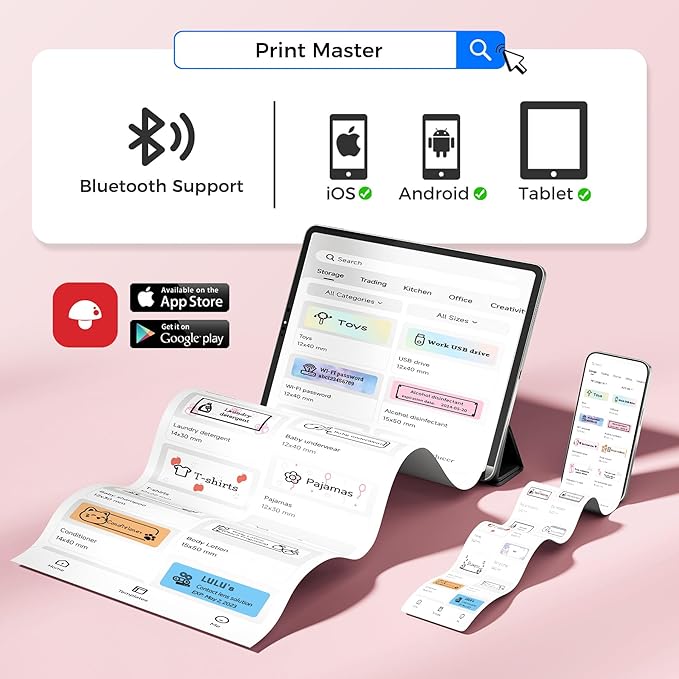 Label Maker Machine with Tape, Label Makers with Multiple Templates, Mini Label Maker Widely Used in Home Office School Organization, Bluetooth Label Printer Easy to Use for Small Labels, Pink