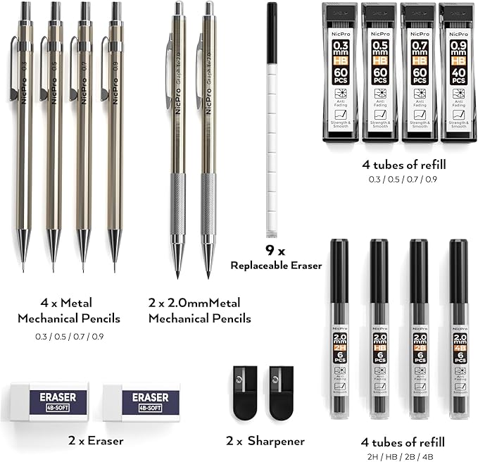 Nicpro 6PCS Metal Mechanical Pencil Set, Full Copper Drafting Pencil 0.3, 0.5, 0.7, 0.9 mm & 2PCS 2mm Graphite Lead Holder(4B 2B HB 2H) For Art Sketching Drawing With Lead Refills Eraser Case