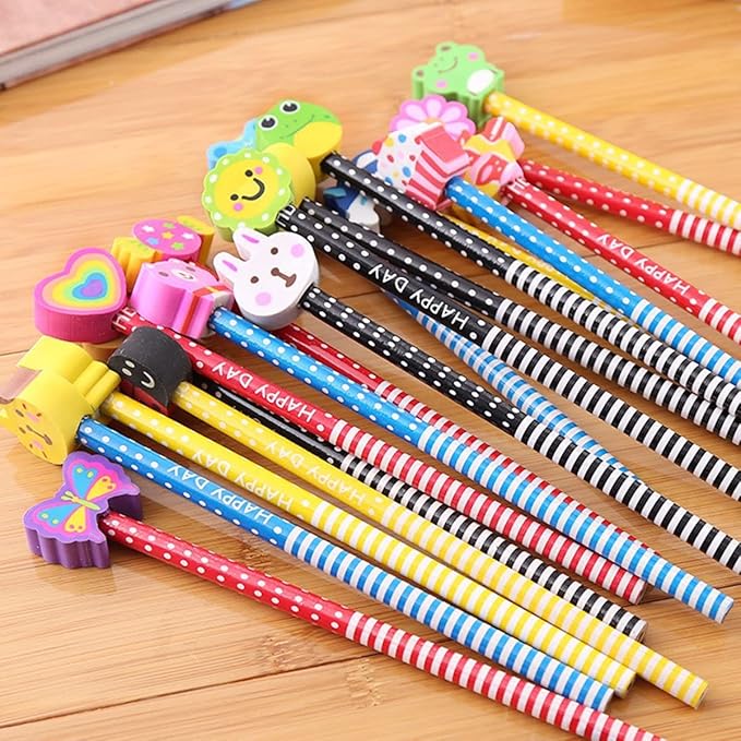 Yansanido Pack of 20 Colorful 7.28 Inch Length Random Cartoon Eraser Pencils, Cute Pencils for Office, School Supplies Students Children Gift (20)