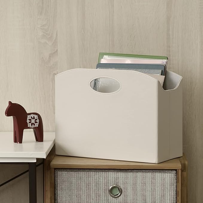 EZDeco Magazine Holder Foldable Magazine Rack Floor PU Leather File Holder Newspaper Book Storage Basket Document File Folder Organizer for Office Home (Off-white-2)