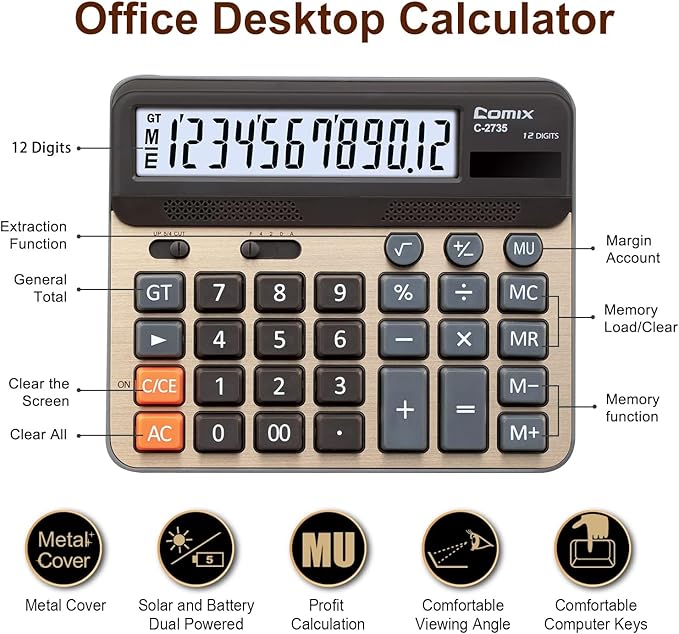 Comix Desktop Calculator, Large Computer Keys, 12 Digits Display, Champaign Gold Color Panel, C-2735, 2-Pack
