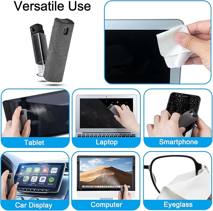 2 Pack Screen Cleaner Spray and Wipe for Laptop Monitor and Car Screens, Phone Touchscreen Mist Cleaning Kit for Cellphone, Tablet, PC, Computer, LCD, Eyeglass, iPhone, iPad, Mac Pro - Black and Grey