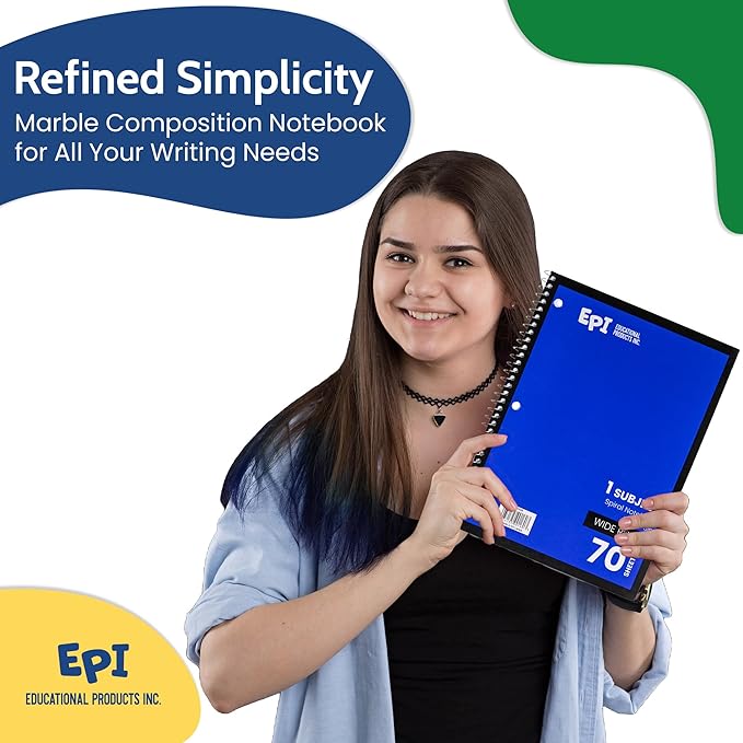 EPI Spiral Notebook | Wide - 70 Sheets, Durable Spiral Binding | 10.5 x 8 in | Classroom Supplies | School, Office, Note Taking, Journaling - 6 Pack