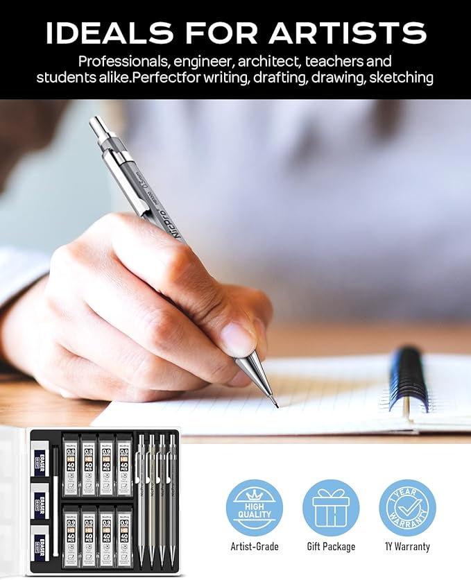 Nicpro 4 Pack Metal Mechanical Pencil Set 0.9mm, MB1000 Lead Drafting Pencil 0.9 mm with 8 Tube HB #2 Lead Refill, 3PCS 4B Eraser, 9 Cap Eraser for Artist Writing, Sketching, Drawing- Come with Case