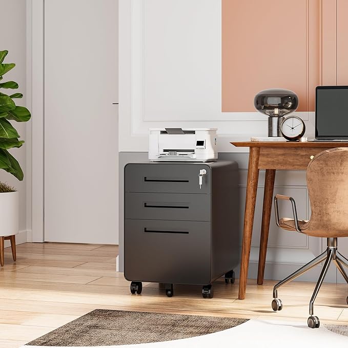 Rolling File Cabinet with Lock, 3 Drawer Metal Mobile Filing Cabinet Office Under Desk for Legal/Letter Size, Fully Assembled Except Casters