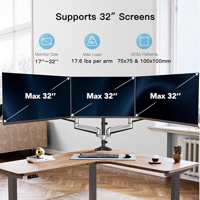 HUANUO Triple Monitor Stand - Full Motion Articulating Gas Spring Monitor Mount Fit Three 17 to 32 inch Flat/Curved LCD Computer Screens with Clamp, Grommet Kit, Silver