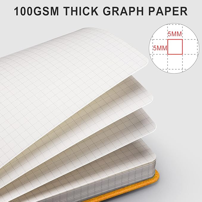 AHGXG Graph Paper Notebook - 320 Pages Grid Notebook Thick Journal A5, 100gsm Thick Graph Paper, Leather Hardcover, Inner Pocket,5.75'' × 8.38''- Yellow