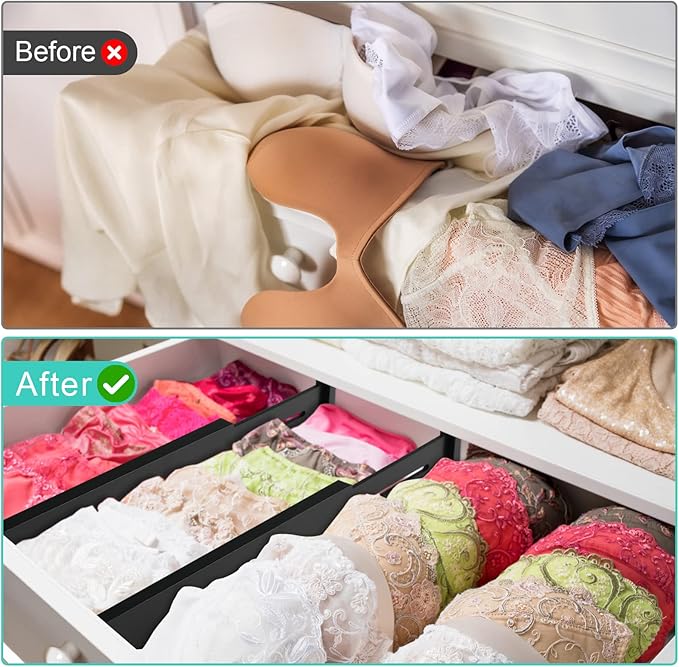 FJO 4 Pack Adjustable Bamboo Drawer Dividers - 12.5" - 21.7" Expandable Drawer Separators for Kitchen, Utensils, Clothes, Bedroom, Dresser, Bathroom (Black)