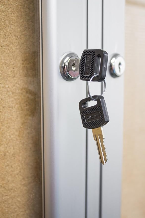 Ghent 36" x 72" 3-Door Indoor Enclosed Bulletin Board with Lock, Cork Material, Shatter Resistant Acrylic Panels, Made in the USA, Satin Aluminum Frame