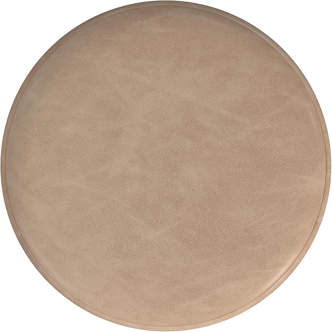 HomePop Upholstered Faux Leather Round Ottoman Home Décor|Foot Rest Ottoman- Sand Faux Leather