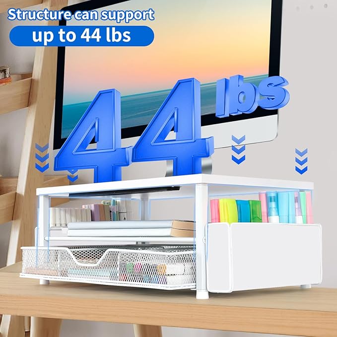 AUPSEN White Monitor Stand Riser, 2-Tier Wood Computer Desk Organizer with Drawer, Pen Storage & Phone Holder ，Office Desk Accessories Desktop Organizer for Office Supplies