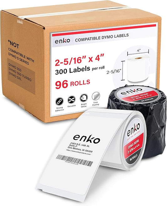 enKo (96 Rolls, 28,800 Labels) Address, Shipping & Barcode Labels 30256 (2-5/16 x 4") Compatible for Dymo LabelWriter