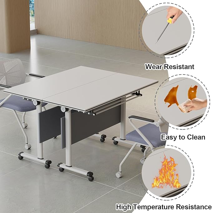 Folding Conference Table, Modern Large Conference Room Tables with Flip-Top Design, Foldable Conference Table Meeting Table with Wheels, Mobile Seminar Training Tables for Office Classroom (6, Gray)