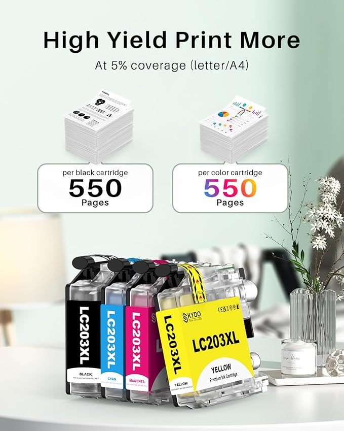 LC203XL Ink Cartridges 4 Pack Replacement for LC203 XL LC 203 Color Inks Use for MFC-J480DW MFC-J4420DW MFC-J880DW MFC-J885DW MFC-J680DW (BK/C/M/Y)