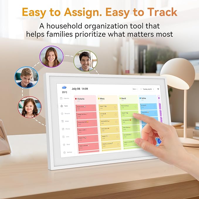 15.6'' Digital Calendar Chore Chart, Wall Touchscreen Smart Electronic Calendar for Interactive Family Schedules, Meal Planner, to Do List, Achievement Rewards Two-Way Sync w/Stand Wall Mount