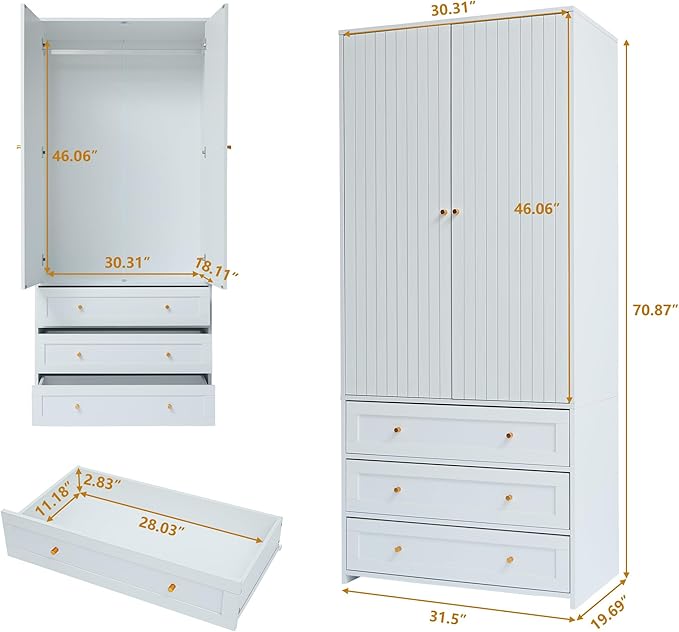 Wardrobe Armoire Wooden Closet with 2 Doors,71" Closet Armoire Set of 2,3 Drawers Household Freestanding Wooden Storage Cabinet for Bedroom (White)