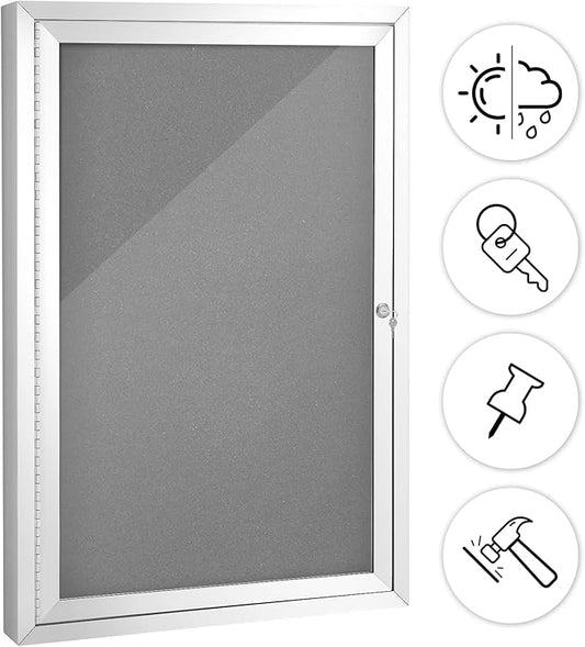 SWANCROWN Outdoor Lockable Gray Fabric Bulletin Board Shatter Resistant Display Cases Wall Mount Message Board with Swing Door,36x24 inches