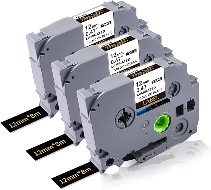 3-Pack 12mm Tz Tape Gold on Black Compatible with Brother P Touch Label Tape Tze-334 Tz Tape 12mm 0.47" Laminated Black, Work for Brother P Touch Label PT-D210 PT-H110 PT-D600 PT-D400 PT-1180