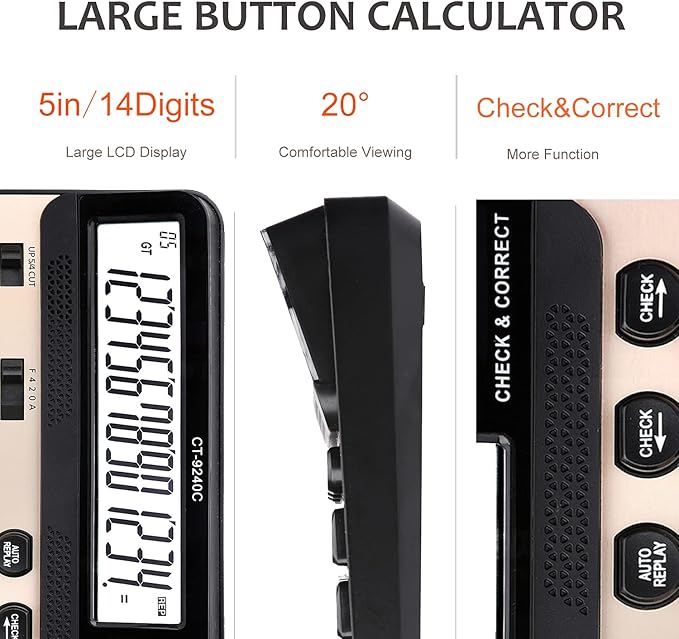Large Button Calculator,Philley Large LCD Display 14 Digits Desktop Check&Correct Electronic Calculator(CT-9240C)