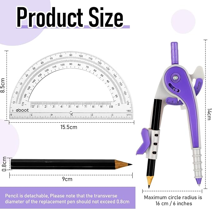 EBOOT Student Geometry Math Set, Drawing Compass and 6 Inch Clear Swing Arm Protractors 180 Degree Math Protractor (Purple)