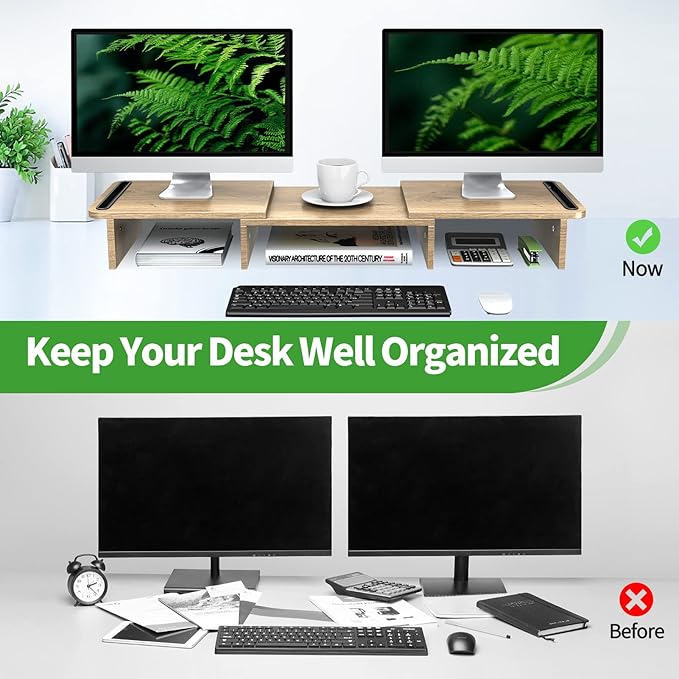 Zimilar Dual Monitor Stand Riser, Monitor Stand with Adjustable Length and Angle, Wood Monitor Stand for Desk, Monitor Riser for 2 Monitors with Storage Space
