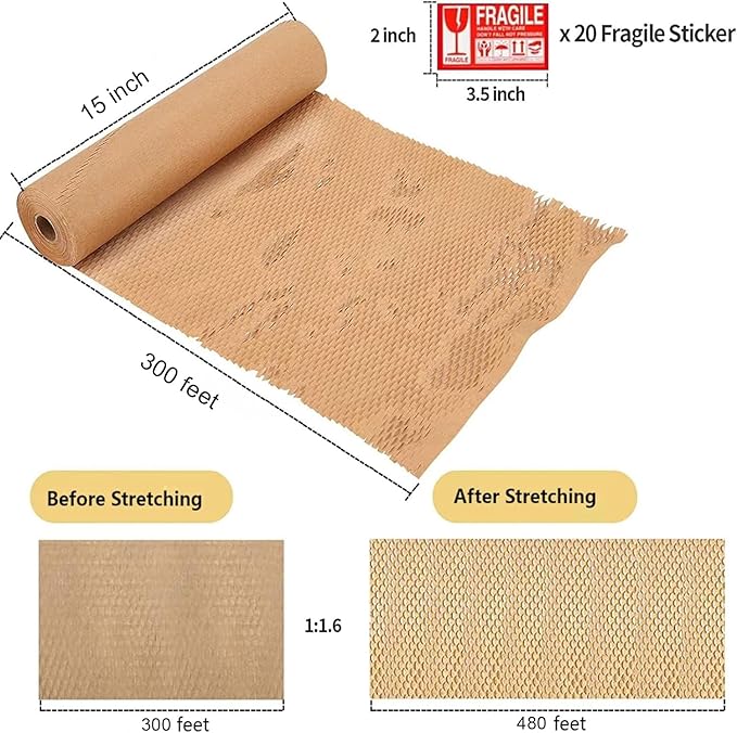 Honeycomb Packing Paper, 15"x300' Honeycomb Cushioning Bubble Wrap Paper Roll for Moving Shipping Breakables Packaging Gifts with 20 Fragile Sticker Biodegradable & Fully Recyclable Brown Kraft