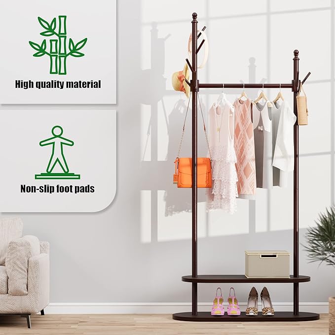 2-Tier Coat Rack Freestanding, Easy Assemble 8 Hooks Wooden Coat Rack with Shoe Storage Sturdy Coat Tree Save Space, Rustic Coat Stand for Entryway, Bedroom, Office (Dark Brown)