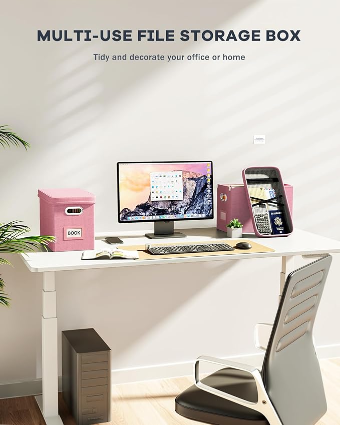 Oterri File Organizer With Lid, Hanging Filing Box With Mesh Pocket, Document Organizer for Letter Files, Portable Storage With Smooth Sliding Rail for Office & Home (2 PCS, Pink)