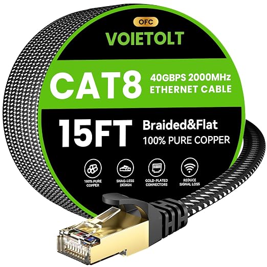 Cat 8 Ethernet Cable 15 FT Flat, High Speed 40Gbps 2000Mhz Braided Internet by EthernetCable
