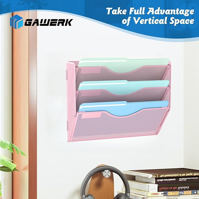 3 Tier Hanging Wall File Organizer, Mesh Mail Paper Orgnization Hanging File Folder Holder for Home Office, Pink