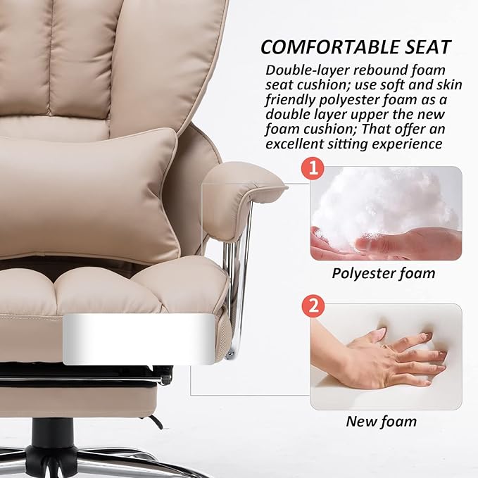 Efomao Big and Tall Office Chair 400lbs – PU Leather Executive Office Chair with Lumbar Support & Leg Rest, Heavy-Duty Computer Chair for Home Office, Dark Beige