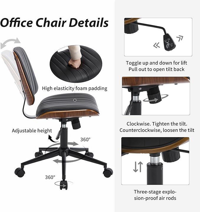 Small Home Office Chair - Armless Mid Back Desk Chair with 360° Swivel and Wheels, PU Upholstered Height Adjustable Modern Walnut Computer Chair for Home, Office Meeting Room - White