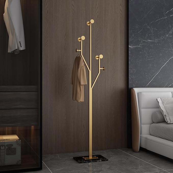 Heavy Duty Coat Rack Tree-shaped Metal Freestanding Coat Tree with Sturdy Marble Base Corner Coat Rack for Bedroom Entryway Hallway 14.96 x 10.24 x 68.9 Inches (Gold)