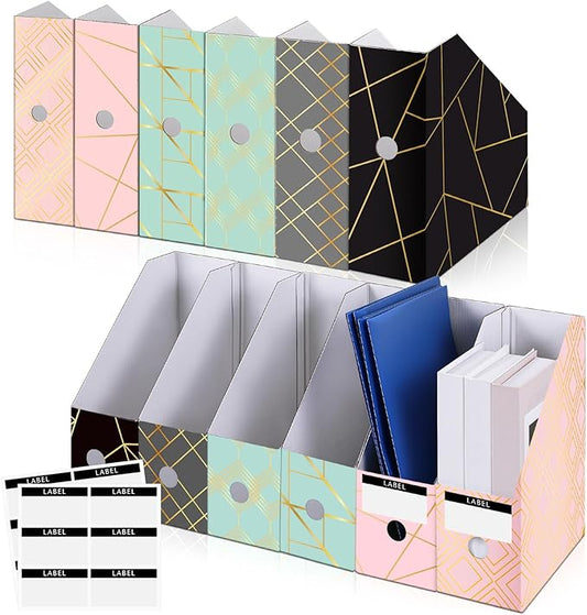 PerKoop 6 Pcs Magazine File Holder Foldable Decorative Cardboard File Folders 6 Patterns Floral Colored Magazine Rack with Printable Sticker Labels for School Office Home Desk (Geometric Lines)