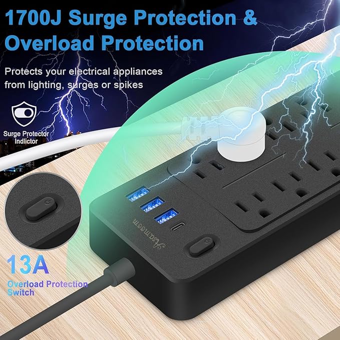 15 FT Power Strips with Surge Protection 1625W/13A,10 Outlets with 4 USB Ports (1 USB C) Long Extension Cord with Multiple Outlets 14-in-1 1700J 16Awg Flat Plug Power Strip Protector Black, ETL Listed
