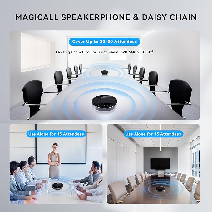 Tenveo MagiCall-EX Bluetooth Conference Speakerphone, Daisy Chain/Use Alone up to 30 attendees, Bluetooth/Wireless/USB Microphone, 360°Voice Pickup Noise Cancelling for Conference Call Large Meeting