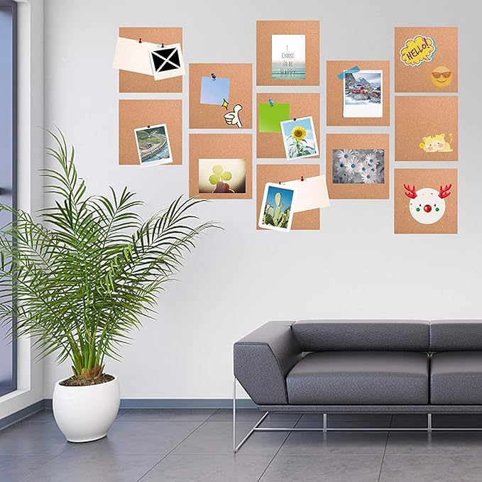 SUNGIFT Cork Board 12"x12" - 1/2" Thick Square Bulletin Boards 12 Pack Cork Tiles with 100 PCS Push Pins Mini Wall Self-Adhesive Corkboards Tiles for Wall
