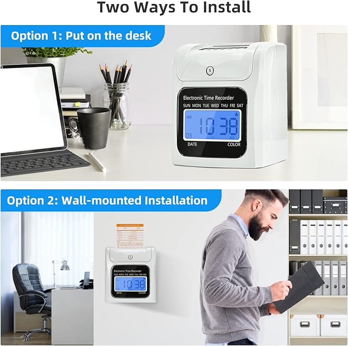 Employee Time Clocks for Small Business, Auto-Align Time Clock Punch Machine with 50-Piece Time Cards, Two Security Keys, and One Ink Ribbon Cartridge