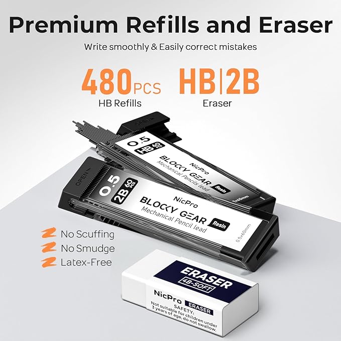 Nicpro 3 Pack Blocky Gear 0.5 mm Metal Mechanical Pencils Set with Case, Lead Drafting Pencil with 8 Tube (480PCS) Lead Refills(HB 2B), 4 Erasers, 18 Eraser Refills for Art Writing, Sketching Drawing