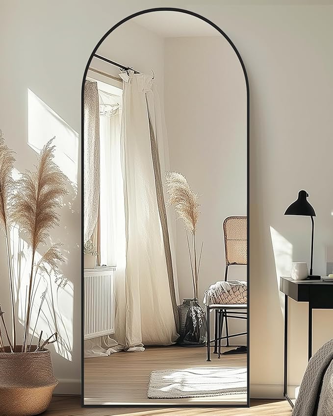 Full-Length Floor Mirror with Stand, 71"x28" Arched Style Full Body Standing Mirror for Bedroom, Living Room, Gym, Dorm - Shatter-Resistant & Easy Assembly, Black