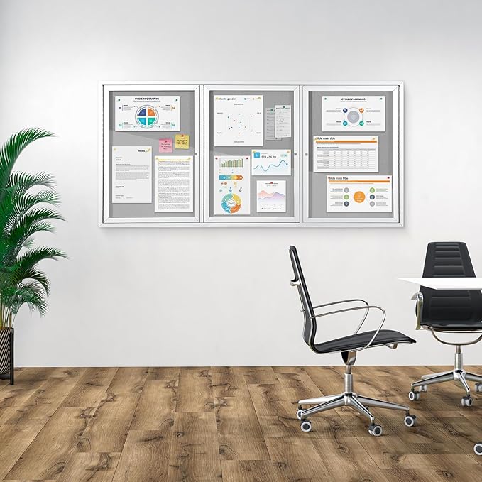 Outdoor Bulletin Board Weatherproof 72x36 in,Enclosed Bulletin Board with Locking Door, Wall Display Case for Office School Home Commercial, Silver Aluminum Frame, Gery Felt