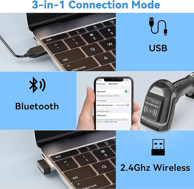 Alacrity Wireless Charging 1D 2D Barcode Scanner, UHF RFID Tags Reader, 2.4Ghz Wireless Bluetooth Wired 3 in 1 Connectivity, for Retail, Logistics, Manufacturing