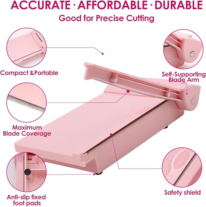 Guillotine Paper Trimmer, Mini Compact Paper Cutter, 1/4-Inch Grid for Precision Cutting, Straight Cuts Up to 3 Sheets, Perfect for Photos,Coupons,Card Making and Small Craft Projects (Pink)