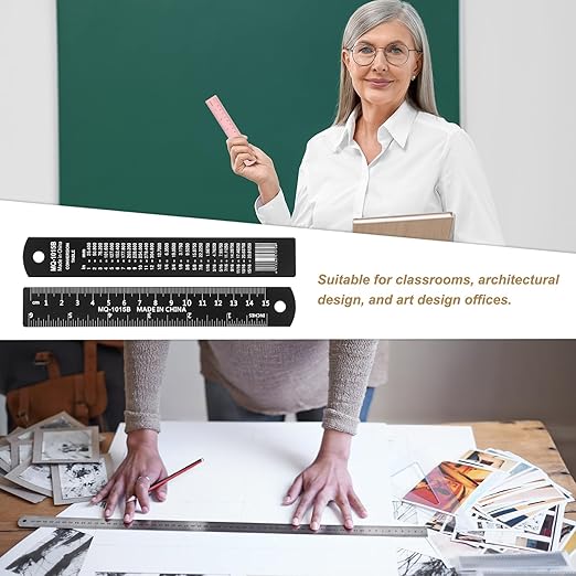 HARFINGTON 4pcs Metal Straight Ruler 15cm Metric SAE Aluminum Alloy Measuring Rulers Scale Tool with Hole for Measure Study Reading Classroom Office, Black