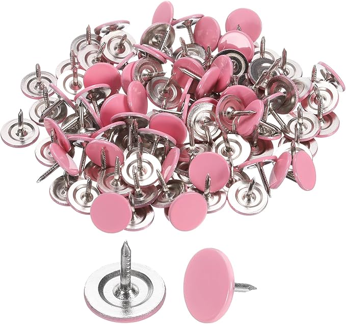 uxcell 100Pcs Upholstery Tacks, 11mmx10mm Flat Head Thumb Tack Decorative Furniture Nails Push Pins for Furniture Sofa Headboards, Pink