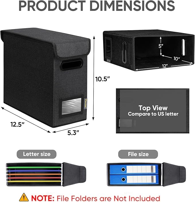 BALEINE File Organizer Box with Lid, Collapsible File Folder Organizer with Plastic Slide, Hanging File Folder Box for Office Document Storage (1 Pack, Black, S)