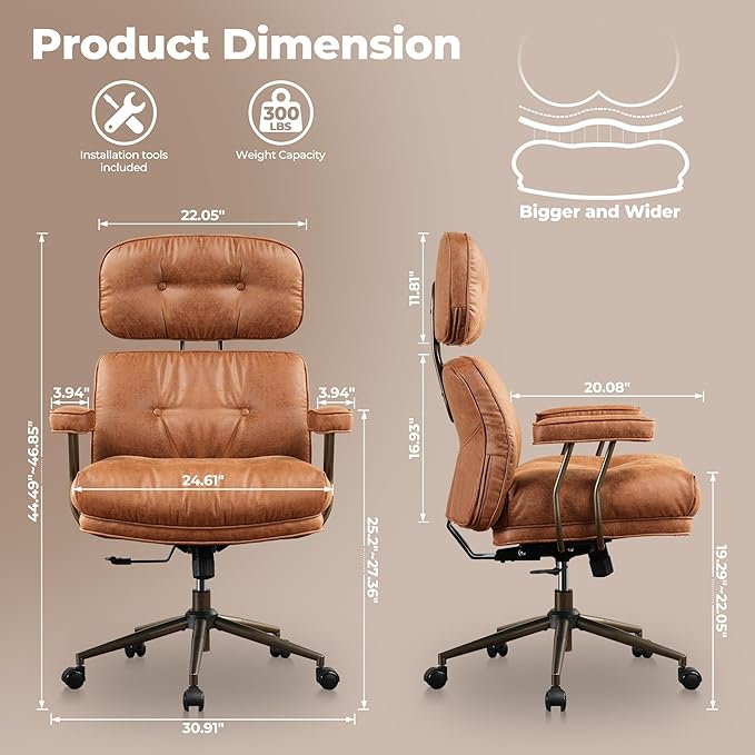 ovios Home Office Chair, Mid-Century Modern Faux PU Leather Chairs with Lumbar Support Comfy Thick Cushion, High Back Ergonomic Swivel Rolling Executive Armchair (Brown, Suede Leather)