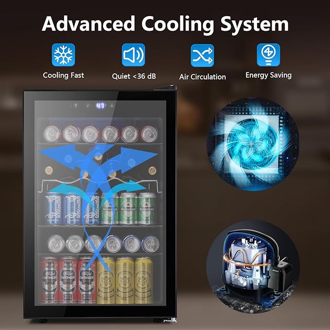 37 Bottle Wine Fridge,Freestanding 145 Can Beverage Refrigerator with Smart Temperature Control，4.5 CU FT Quiet Mini Fridge with Child Lock Panel for Family Restaurant Bar, Black
