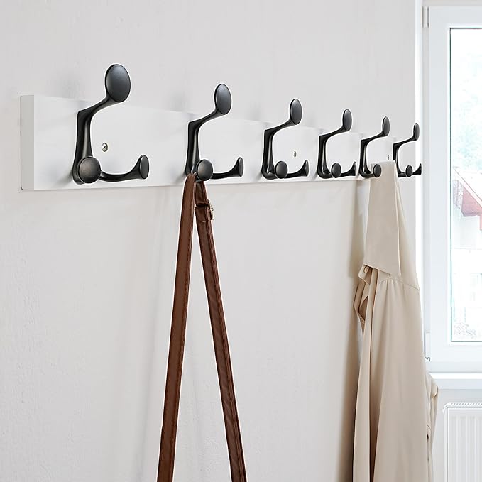 SKOLOO 39-Inch White Wood Coat Rack Wall Mount with 6 Triple Hooks - Ideal for Family Entrances, Classrooms, and Pet Supplies Storage - Perfect Coat Hooks for Wall
